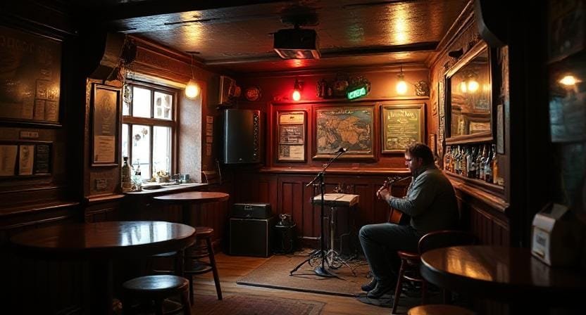 A solo musician playing in an empty pub